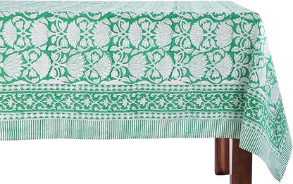 ATOSII Meadow Green 100% Cotton Rectangle Boho Summer Tablecloth, Block Print Floral Table Cloth Linen for Dining, Parties, Wedding, Outdoors Home Decor 72 X 108 Inches I 8 Seater
