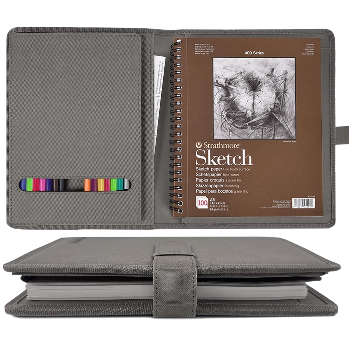 Plinyvel Travel Sketch Case & Cover: Leather Organizer Fits 5.5x8.5 Sketch Book & Spiral Pad | All-in-One Art Kit with Pencil Holder | Compact for Artists, Beginners & Travel (Gray)