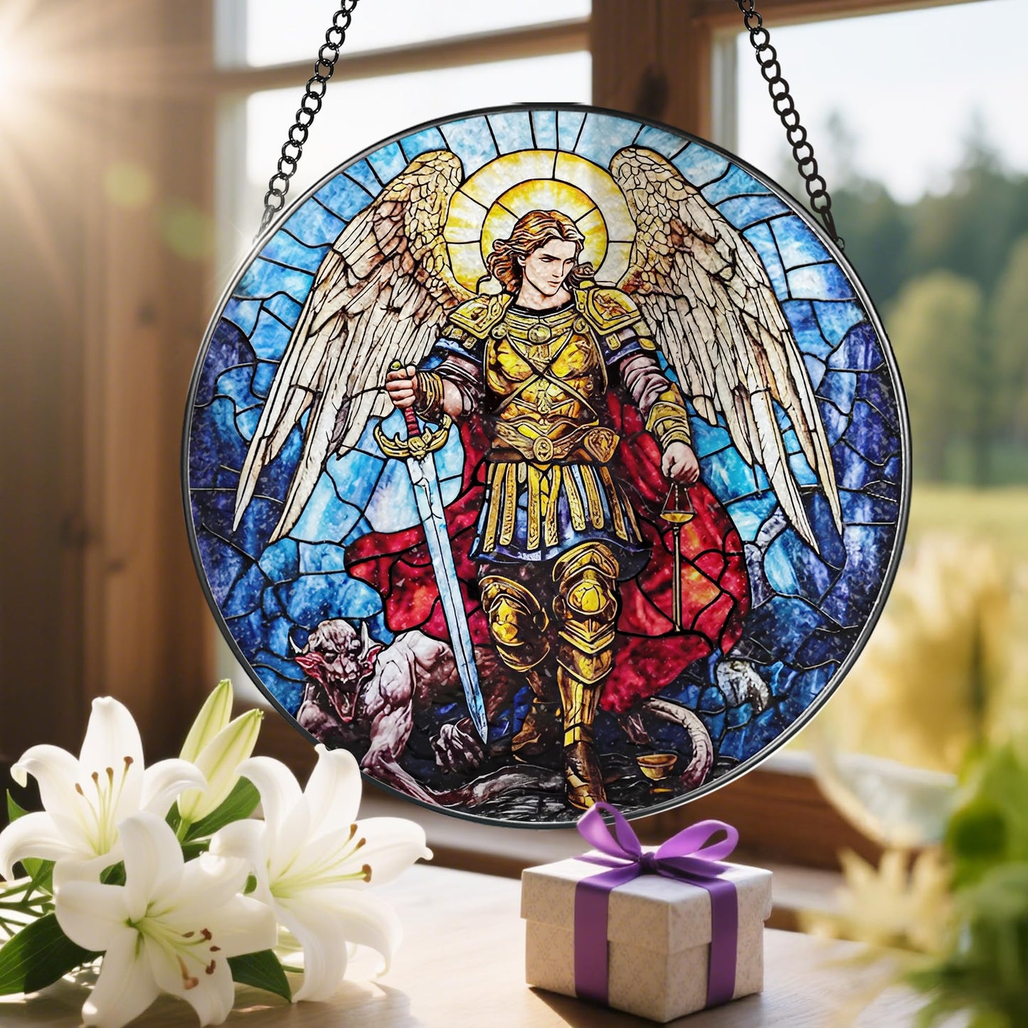Stained Glass Suncatcher, Archangel Michael Sun Catcher Ornament; Stained Glass Window Hanging, Spiritual Protection Decor, Christmas Ornament; Christian Gifts, Religious Gifts