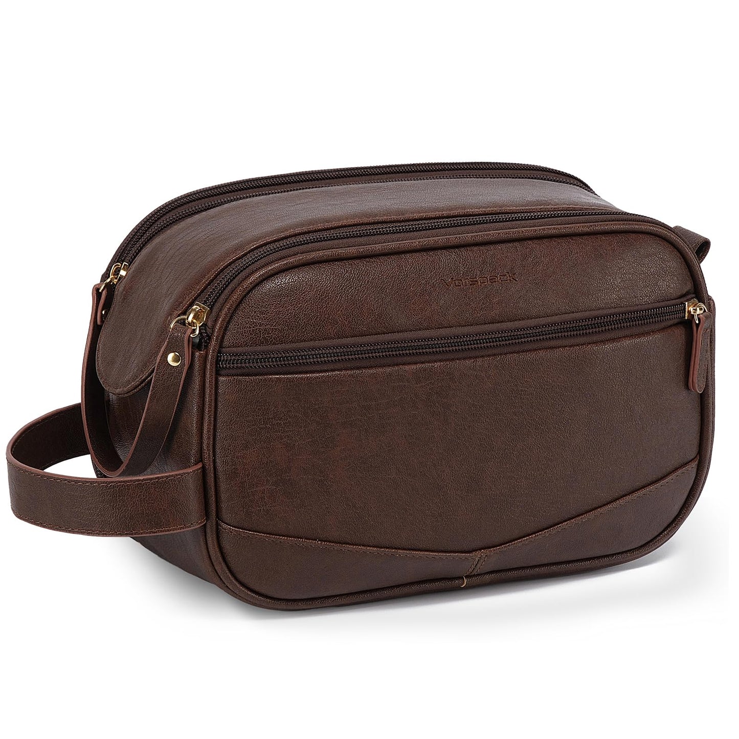 Vorspack PU Leather Toiletry Bag for Men - Water Resistant Travel Bag for Toiletries, Shaving, Grooming, Bathroom Essentials - Dark Brown