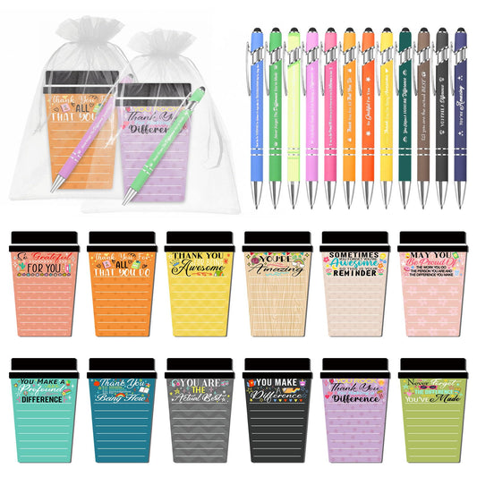 12 Sets Employee Appreciation Gifts Bulk Coffee Cup Sticky Notes with Inspirational Pens, Funny Notepads Motivational Ballpoint Pen Thank You Gifts for Coworker Teacher Nurse Office Supplies