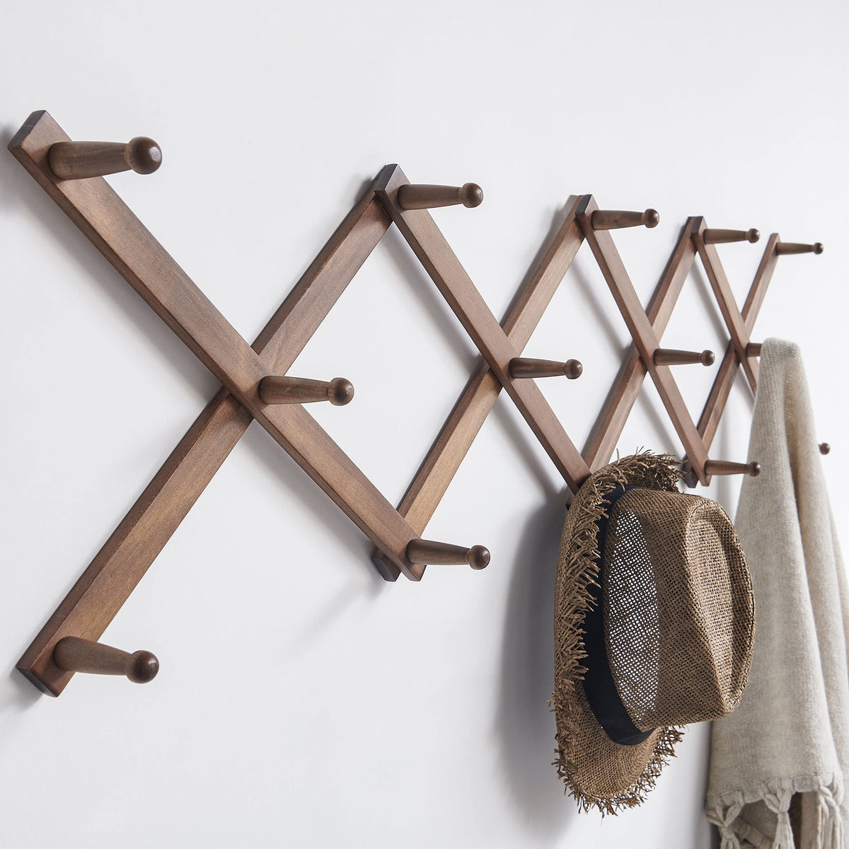 SKOLOO Hat Rack for Wall with 14 Hooks, Solid Wooden, Modern, Expandable Coat Rack Wall Mount for Coats, Hats, Bags, Baseball Caps, Walnut Color
