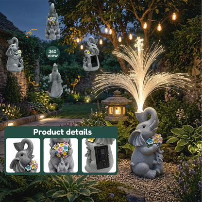 Vuees Solar Elephant Statue with Fiber Optic Light, Resin Animal Figurine Garden Decor, Waterproof Outdoor Sculpture Ornament for Patio, Yard, Porch and Lawn Decoration