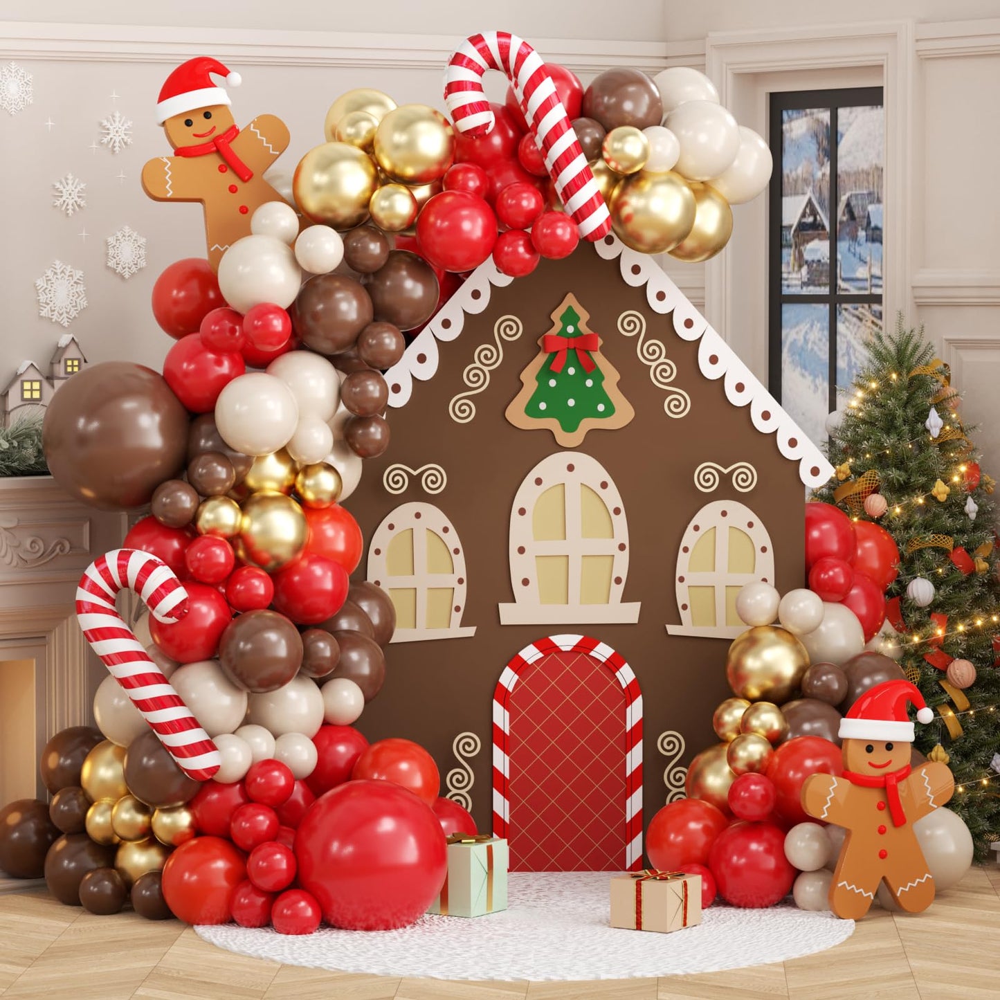 Christmas Reindeer Balloon Arch Garland Kit with 136Pcs Red Brown Sand White Gold Balloons Candy Cane Foil Balloon for Woodland Xmas Winter New Year Party Decorations