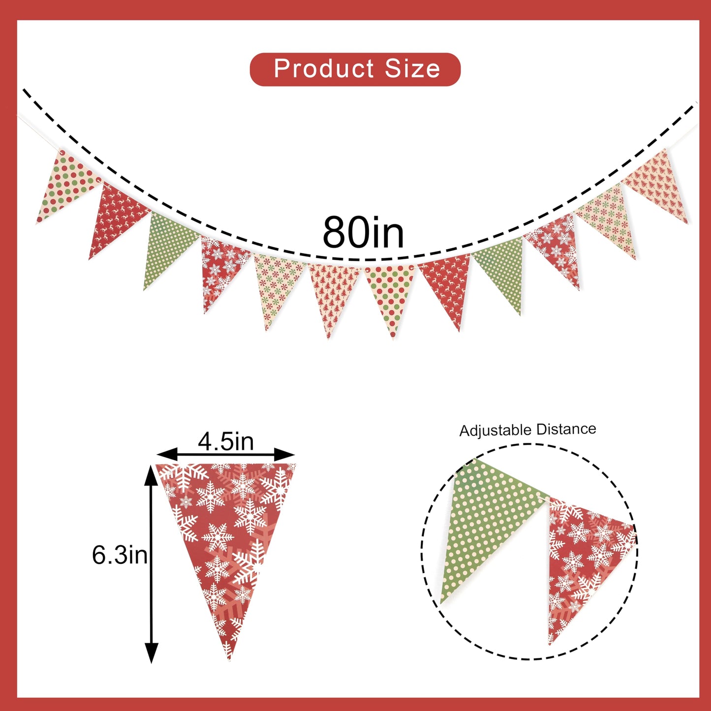 Christmas Banner Bunting-Xmas Birthday Banner- 80 Inch Holiday Pennant Garland with Snowflake Reindeer Pattern, Red and Green Triangle Flags for Winter Home Party Decoration