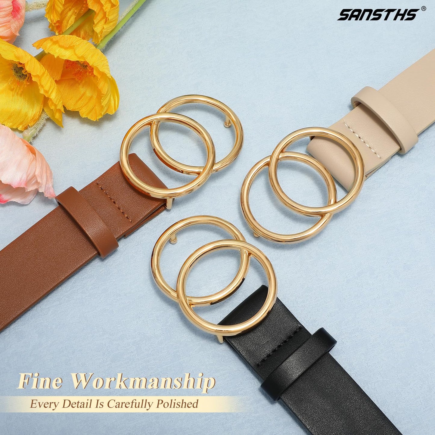 SANSTHS 3 Pack Women Waist Belts for Jeans Pants Dresses, Ladies Belt with Double O-Ring Gold Buckle, Black+Brown+Beige L
