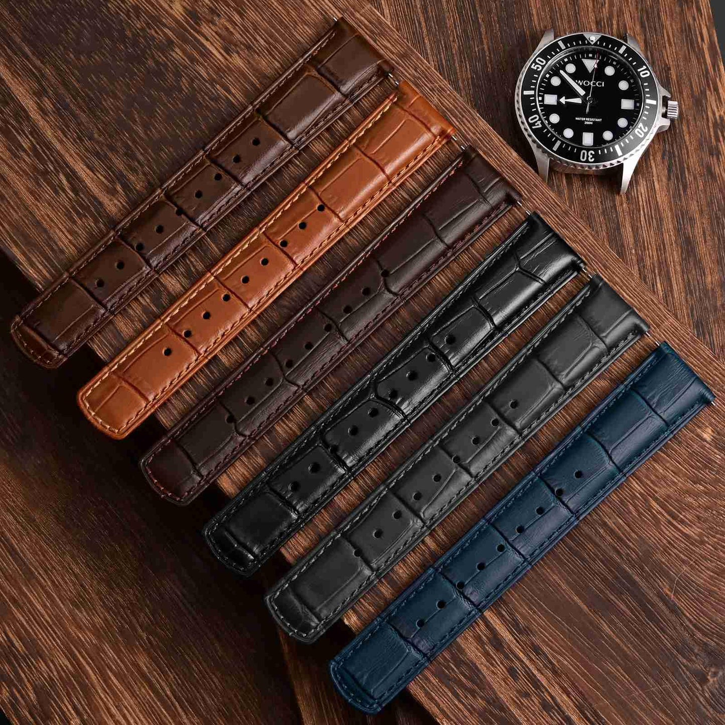 WOCCI 18mm Watch Band, Top Grain Leather, Embossed Alligator Grain, Quick Release, Black Buckle (Black)