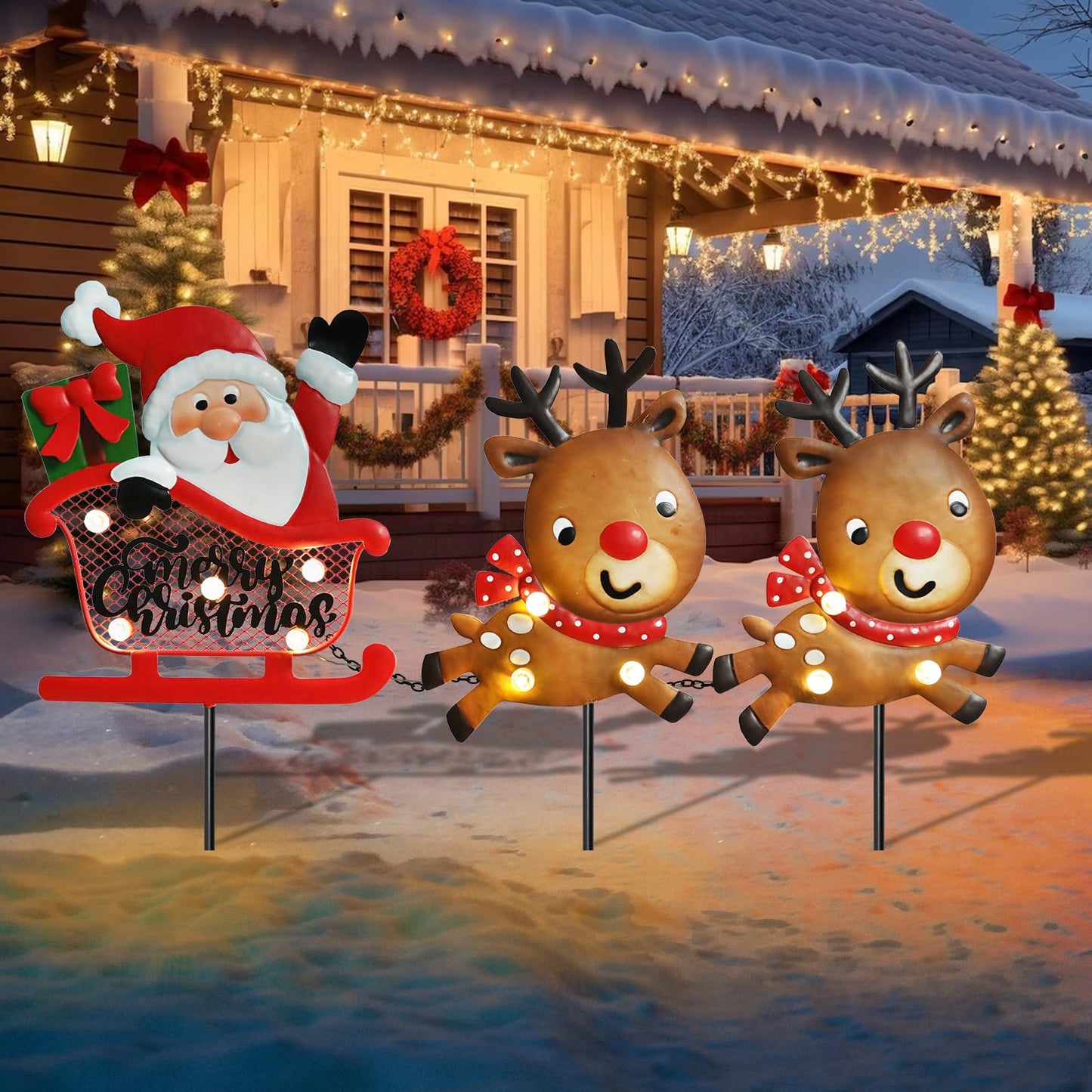 WONDER GARDEN Christmas Metal Yard Stakes, Lighted 3 Pack Christmas Garden Stakes Yard Signs, Outdoor Decorations with Santa Sleigh and Reindeer for Lawn Party Outside