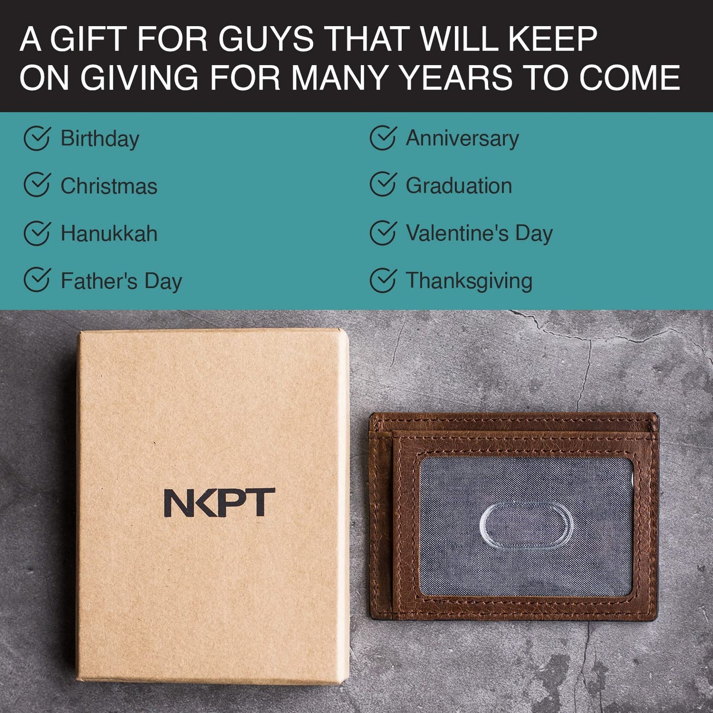 NKPT Thin RFID Leather Credit Card Holder Wallet for Men or Women | Small Slim Design, Classic Brown