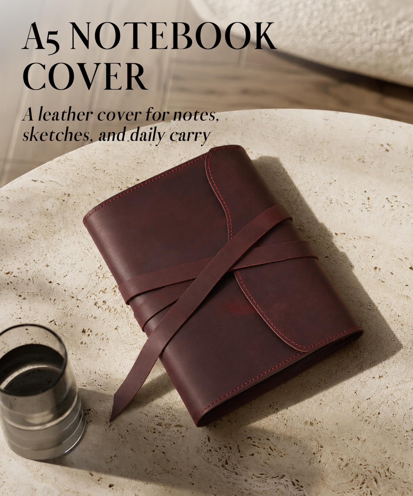 Leather Journal Cover – Refillable A5 Notebook Cover (5.8" x 8.3"), Minimalist Wrap Book Sleeve in Full Grain Leather with Strap Closure, Slim Protective Diary & Planner Cover, Inserts Not Included