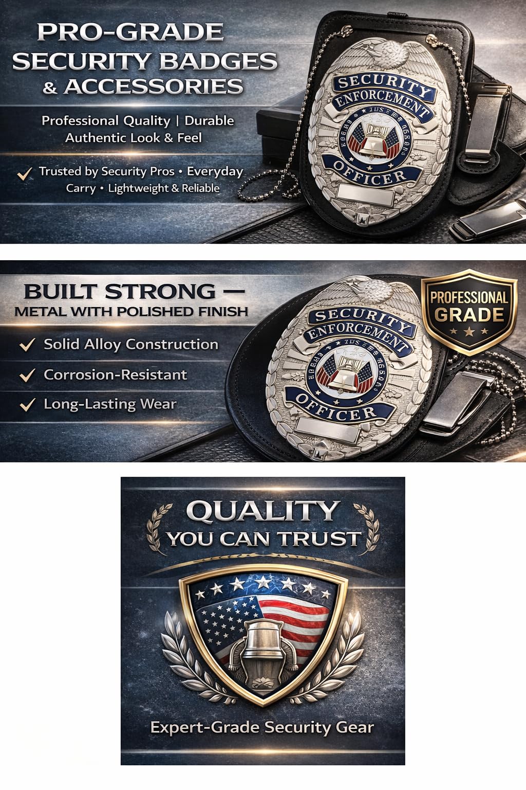 Universal Police Badge Holder – Oval Security Guard Leather Case with Steel Belt Clip, Hook & Loop Closure, and Stainless Steel Bead Chain- Uniform Security Guard (Badge + Holder 02)