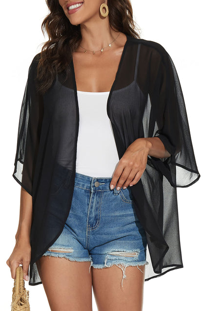 Women Summer Tops Kimono Cardigans Sheer Beach Cover Ups Chiffon Open Front Shirts （Black,XL