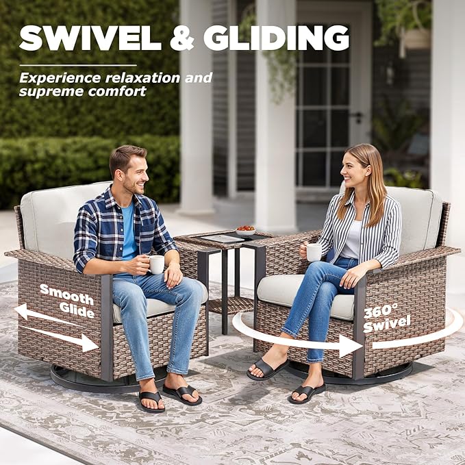 Outdoor Patio Furniture Set-8 Pieces All-Weather Wicker 3 Seater Sofa with Swivel Rocker Patio Chairs Set of 4, Wicker Outdoor Conversation Sets for Porch Deck Backyard Brown/Beige
