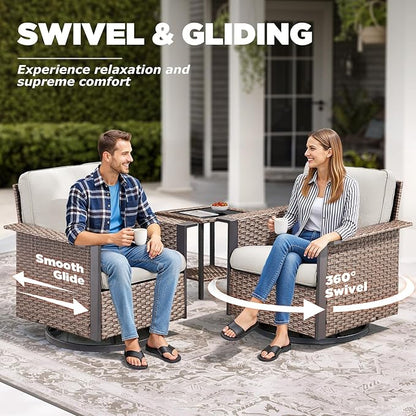 Outdoor Patio Furniture Set Swivel Chairs-7 Pieces All-Weather Wicker 3 Seater Sofa with 2 Ottomans Rattan Side Table, Wicker Sofa Outdoor Furniture for Porch Deck Backyard Brown/Beige