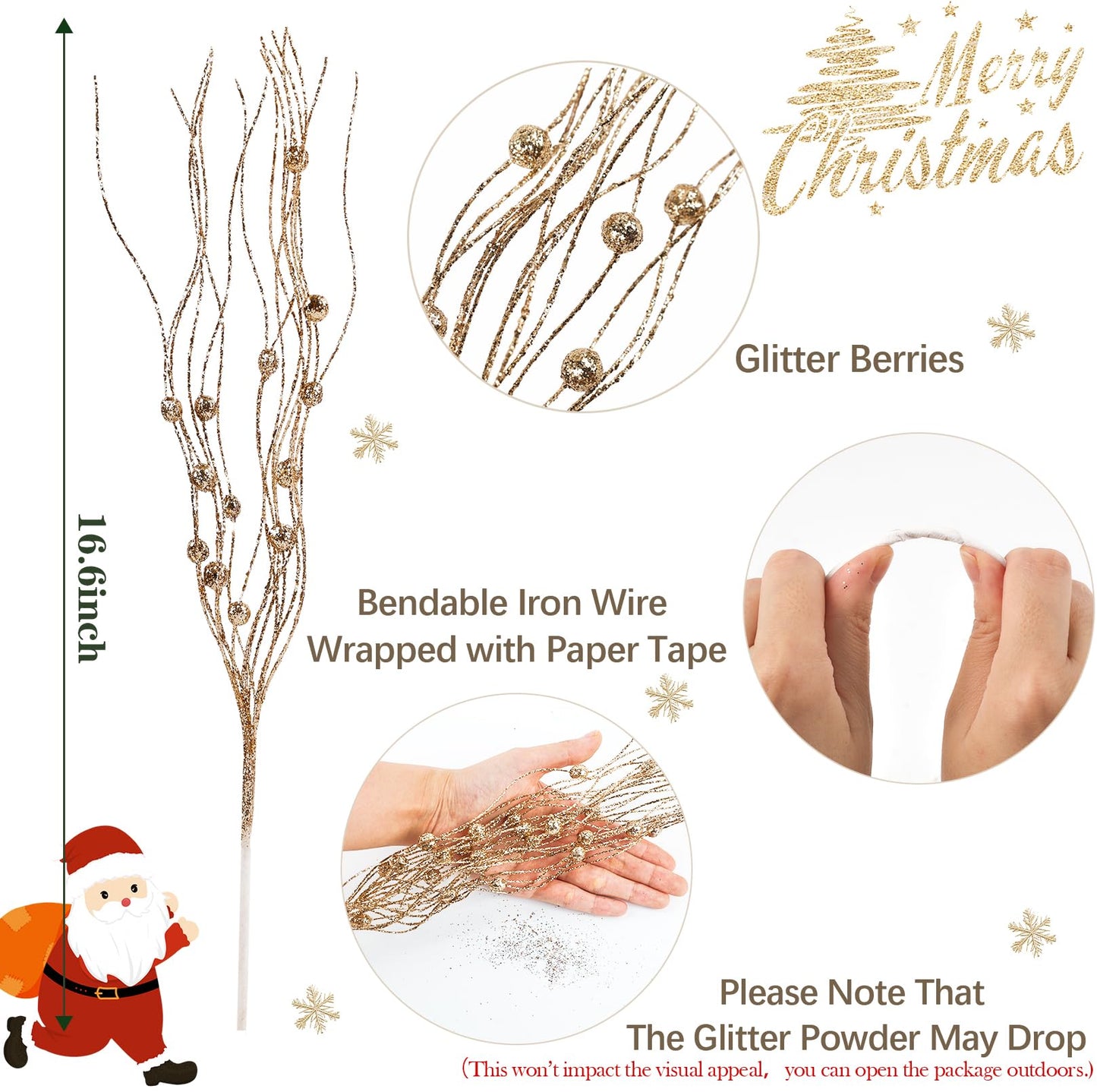 Artificial Glitter Berry Stem Ornaments, 10 Pack Decorative Bead Sticks, Christmas Picks, Glittery Twigs Branches for Christmas Tree DIY Wreath Crafts Vase Filler Home Decor (Champagne, 10 PACK)