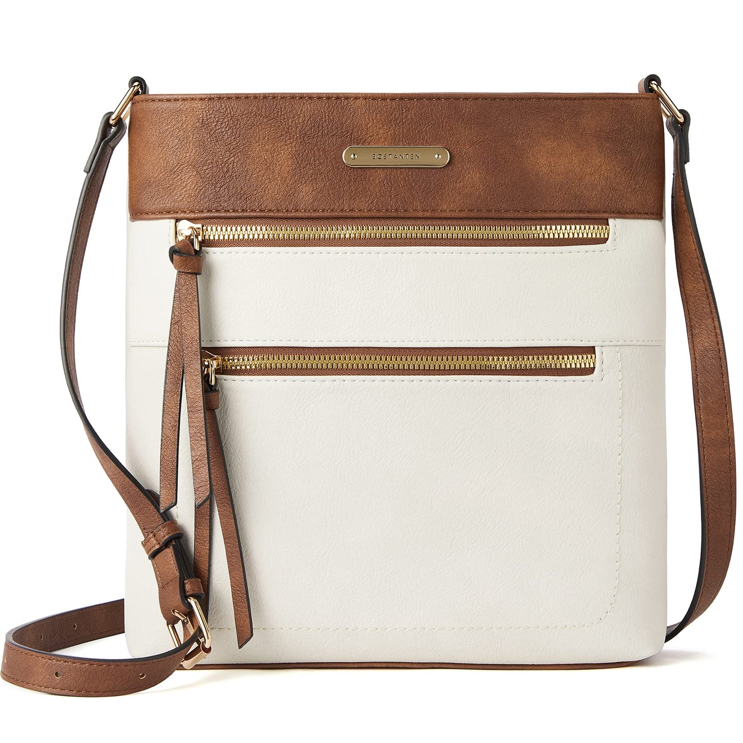 BOSTANTEN Crossbody Bags for Women Trendy Vegan Leather Purse Designer Shoulder Handbags with Adjustable Strap Zipper Pocket Beige with Brown