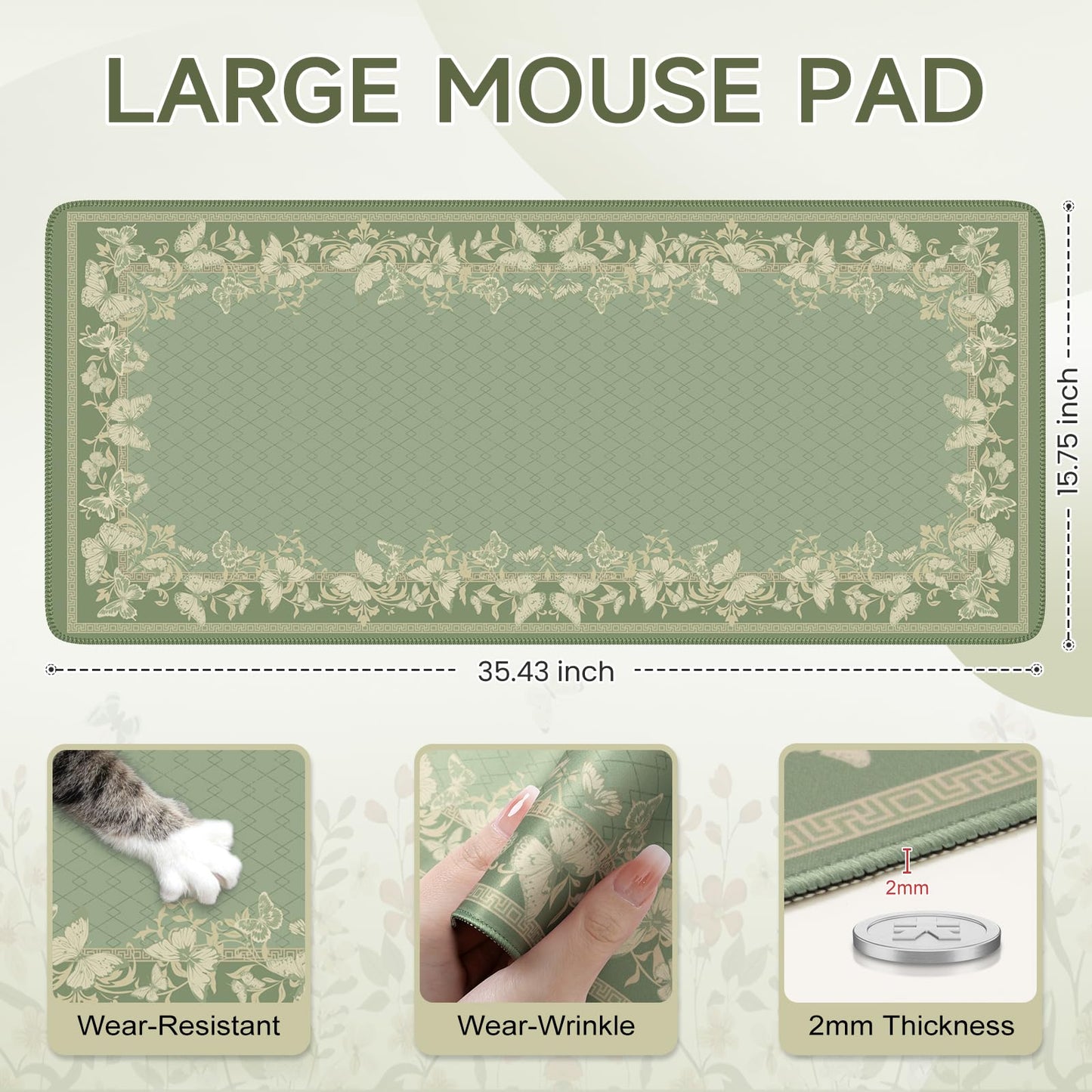 iCasso Floral Desk Mat for Keyboard and Mouse,Cute Gaming Mouse Pad XXL,Anti-Slip Desk Matt for Desktop,Soft Lycra Surface Computer Mat Women,Girly Big Mousepad for Home Office (Light Green)