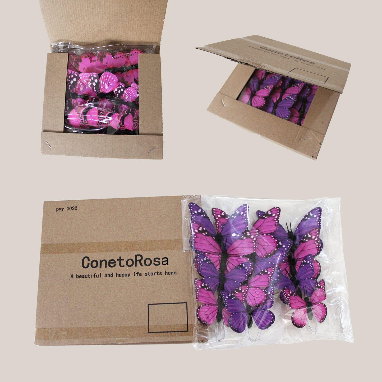 ConetoRosa Butterfly Decor 12PCS 2Sizes, 3D Faux Butterflies (Lavender)