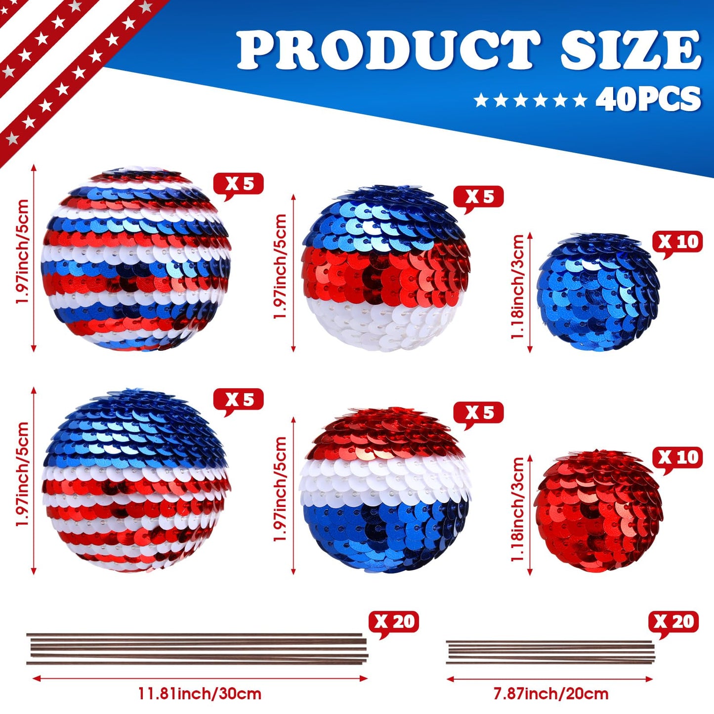 Hiboom 40 Set Independence Day Sequins Ball Decoration Picks Patriotic Ornaments 4th July Tree Decorations Sequin Ball Ornament for Memorial Day Veterans Patriotic USA Themed Party(Red, White,Blue)