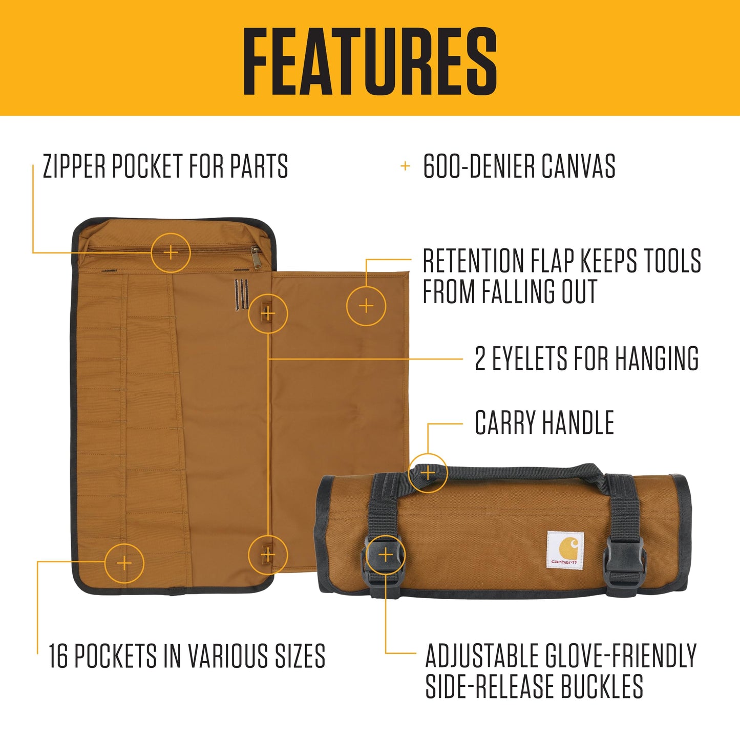 Carhartt Utility Roll Organizer, Durable, Water-Resistant Tool Roll, Black, 16 Pocket