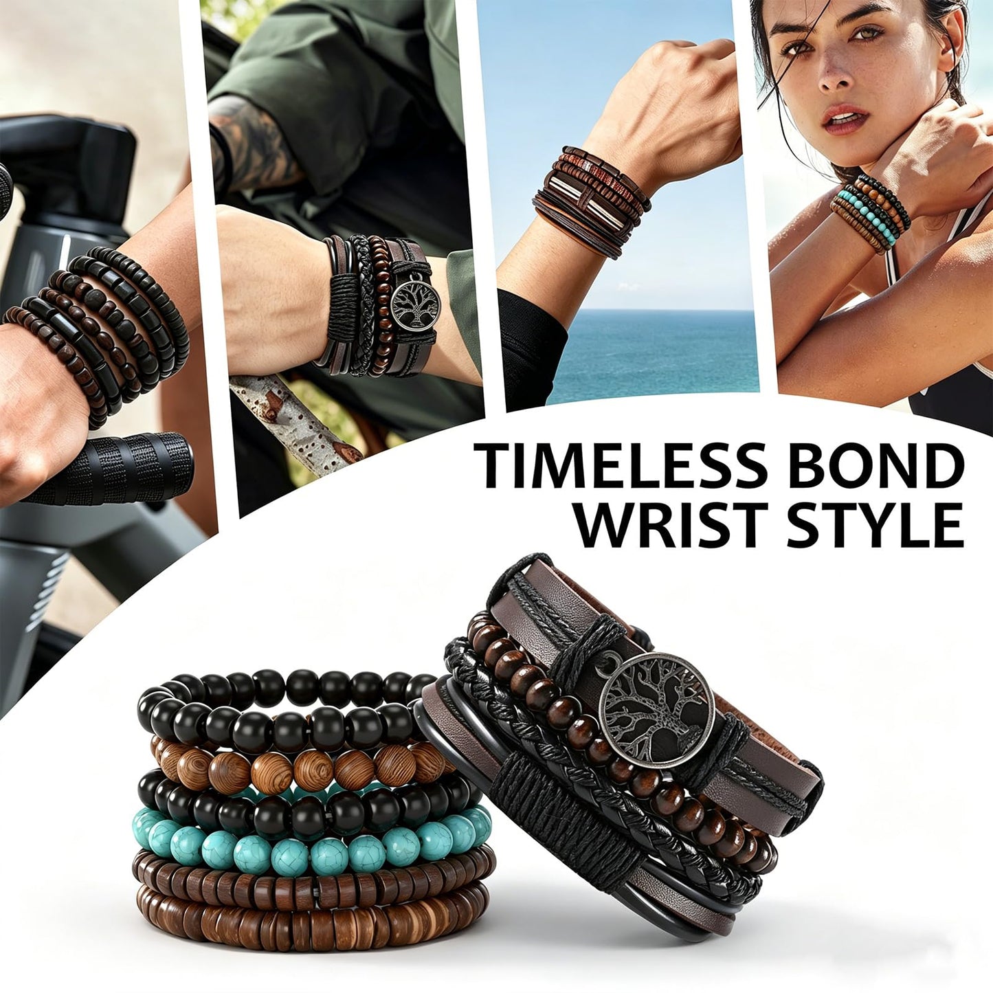 JAVMOO 45 Pcs Wooden Bead Bracelets for Men Women, Boho Multiple Sets Leather Wrap, Hemp Cords, Stack Wood Beads, Ethnic Tribal Cuff Jewelry Wristbands