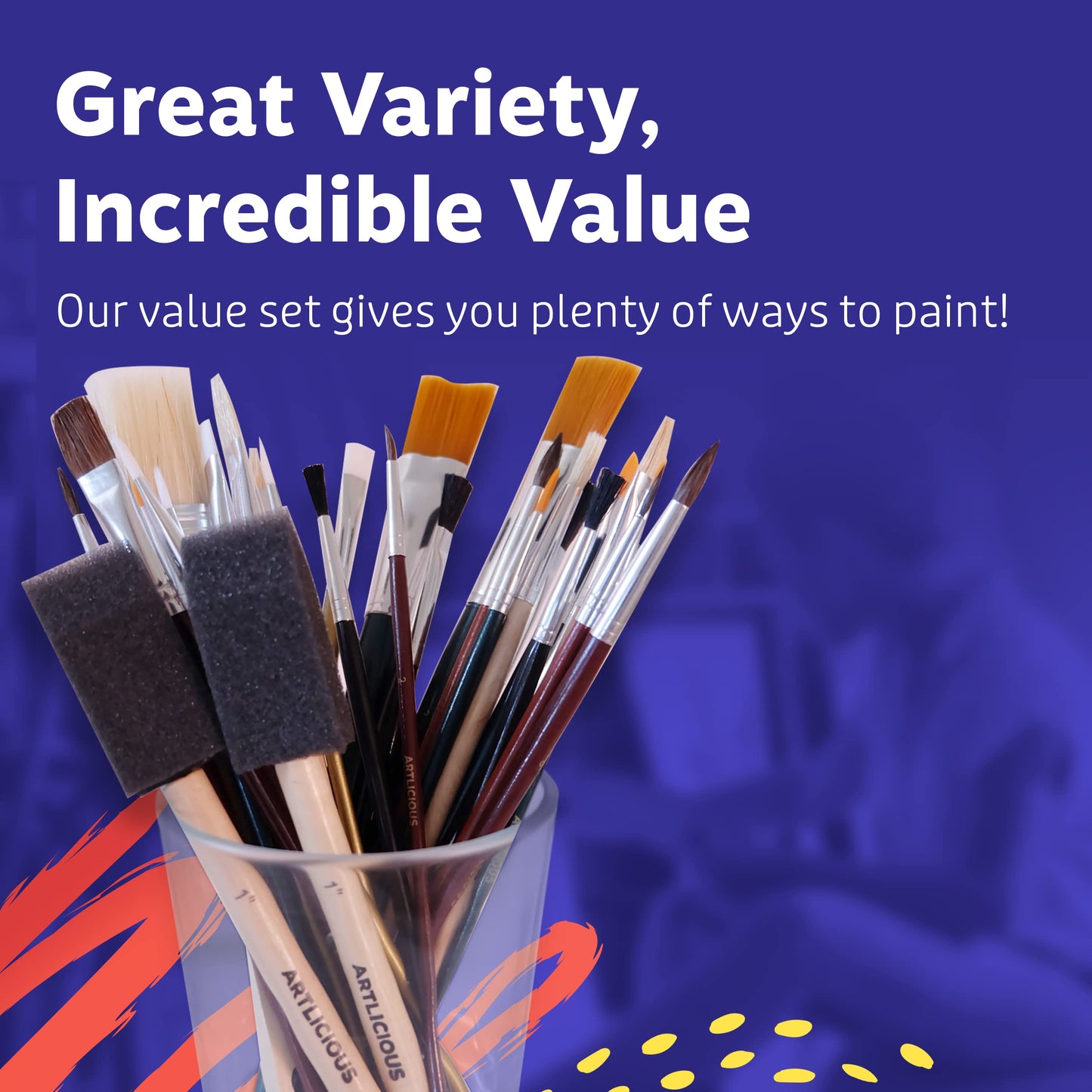 Artlicious Foam Brushes Wood Handle Paint Brush Set - Use with Craft, Watercolor, Oil, Gouache Paints, Face Art, Washable Paints, Miniature Detailing and Rock Painting