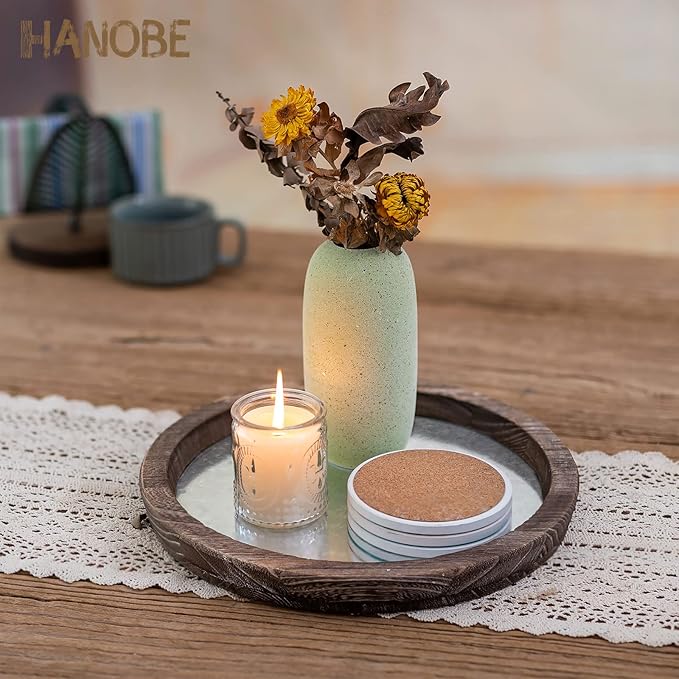 Hanobe Round Wood Decorative Tray: Rustic Wooden Trays for Coffee Table Farmhouse Centerpiece - Vintage Mirror Candle Tray for Home Decor Ottoman Bathroom Kitchen Organizer