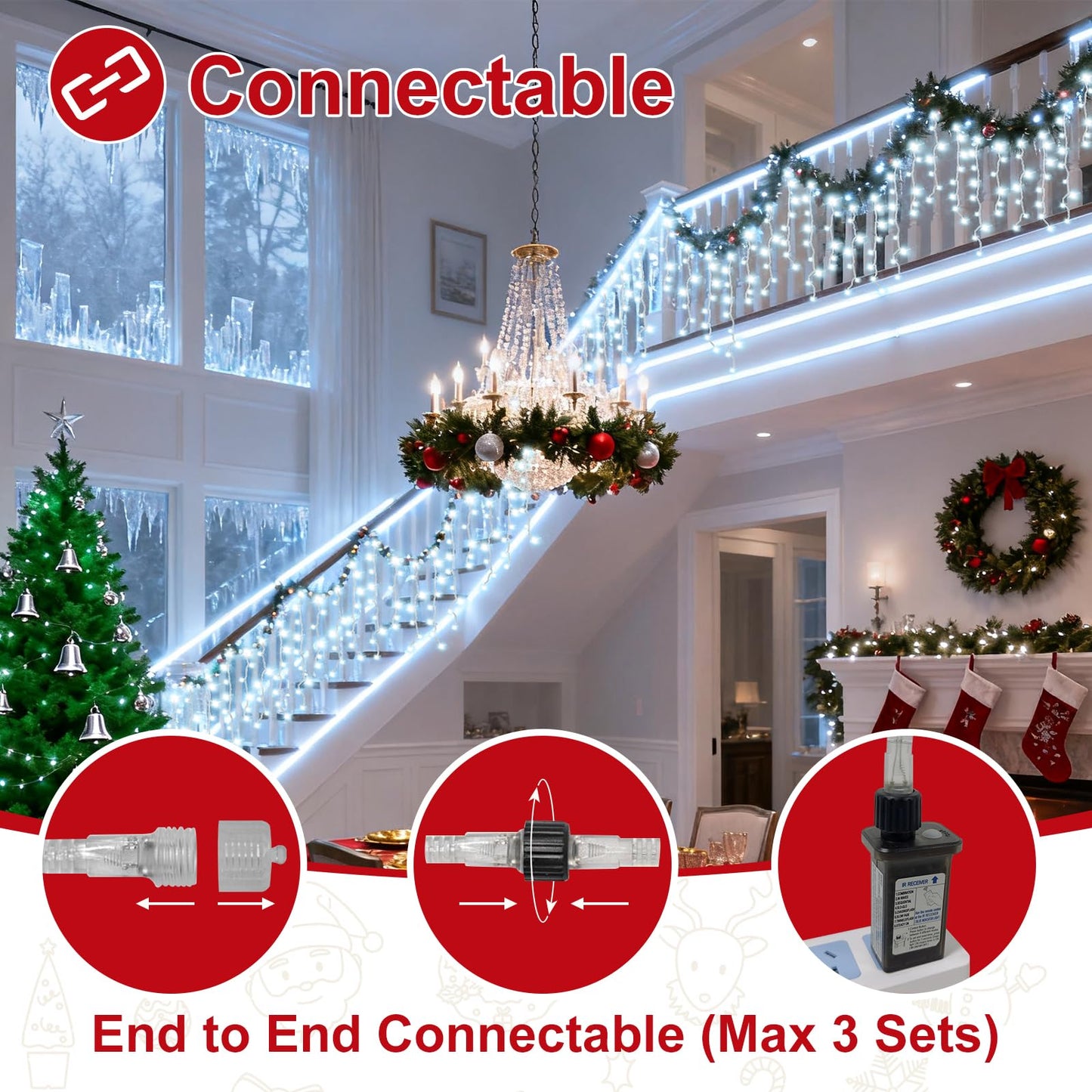 AGELCK White Icicle Lights Outdoor, 58.8FT 624 LEDs 96 Drops 8 Modes, Remote Control, Timer & Memory, Dimmable, Connectable, Waterproof Twinkly Christmas String Lights for Outside Indoor Xmas Wedding