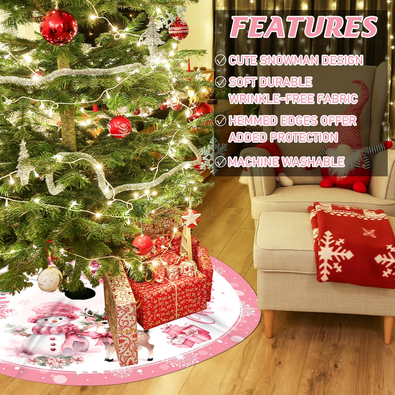 Pink Christmas Tree Skirt Merry Christmas Decoration Snowman Decoration 48 Inch Tree Skirt for Festival Party Decor Indoor Outdoor