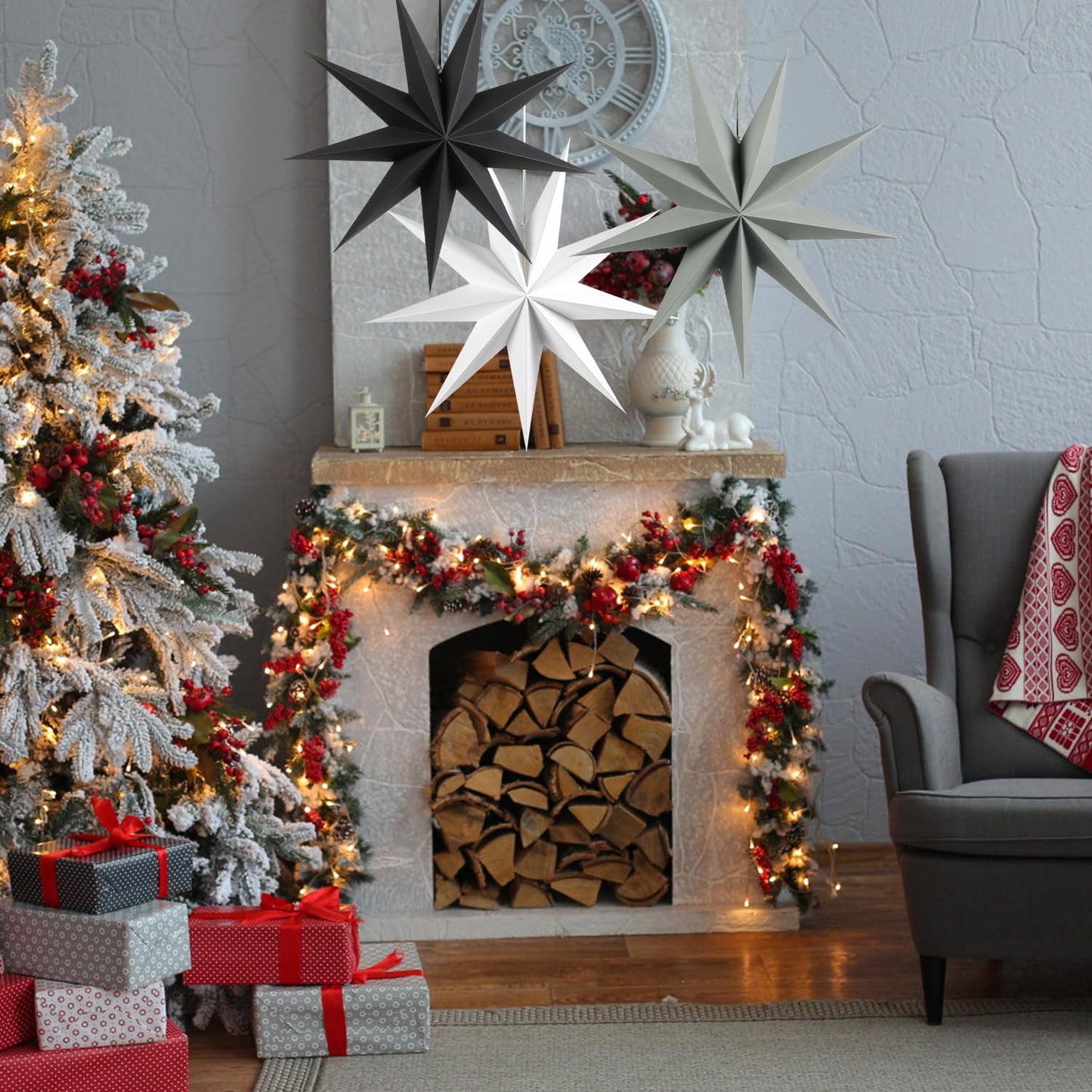 SUNBEAUTY 3 Pcs 9-Pointed Paper Star Lanterns 12 Inch Hanging Lampshade Wedding Birthday Christmas Home New Year Party Decorations