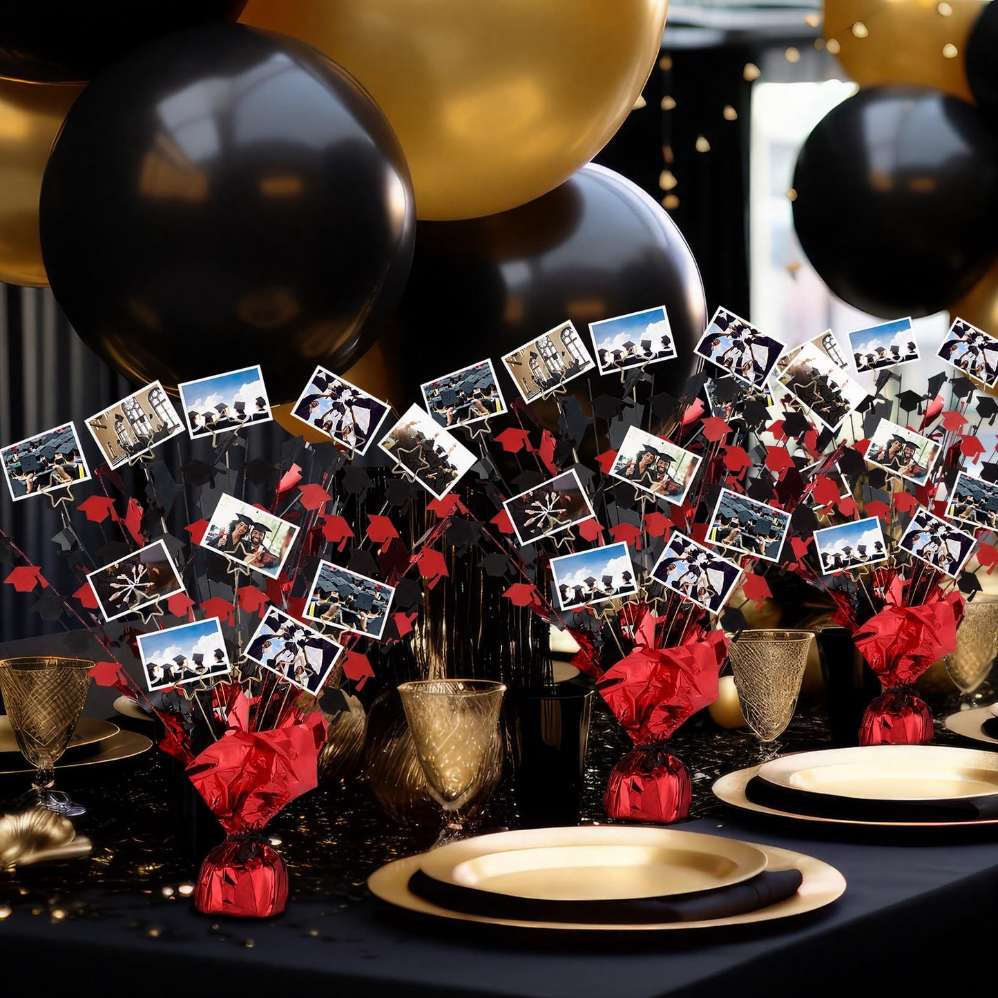 FunooFuno 6 Pcs Graduation Photo Display Decoration Graduation Table Centerpiece Class of 2026 Glitter Foil Party Table Decor with 48 Photo Toppers for Congratulate Grad Party Supplies(Black and Red)