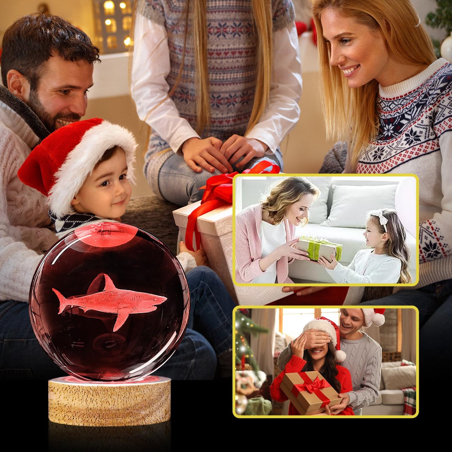 YYLZEPHB 3D Crystal Ball Night Light with Wooden Base, 3.15" Shark Glass Ball Lamp, 16 Colors, Remote Control, Cool Desk Decor