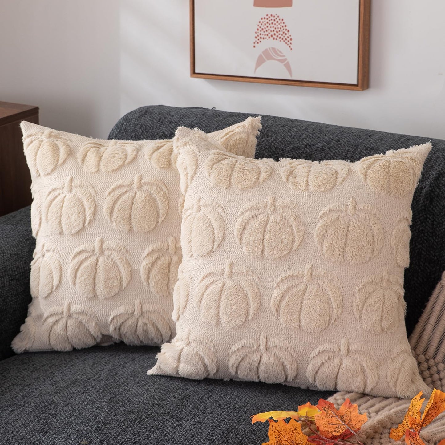 DFXSZ Fall Pillow Covers 18x18 Set of 2 Fall Decorations Autumn Beige Pumpkin Throw Pillow Cases Soft Plush Faux Fur Wool Couch Cushion Case for Chair Sofa Bedroom Living Room Home Decor PTK012B18