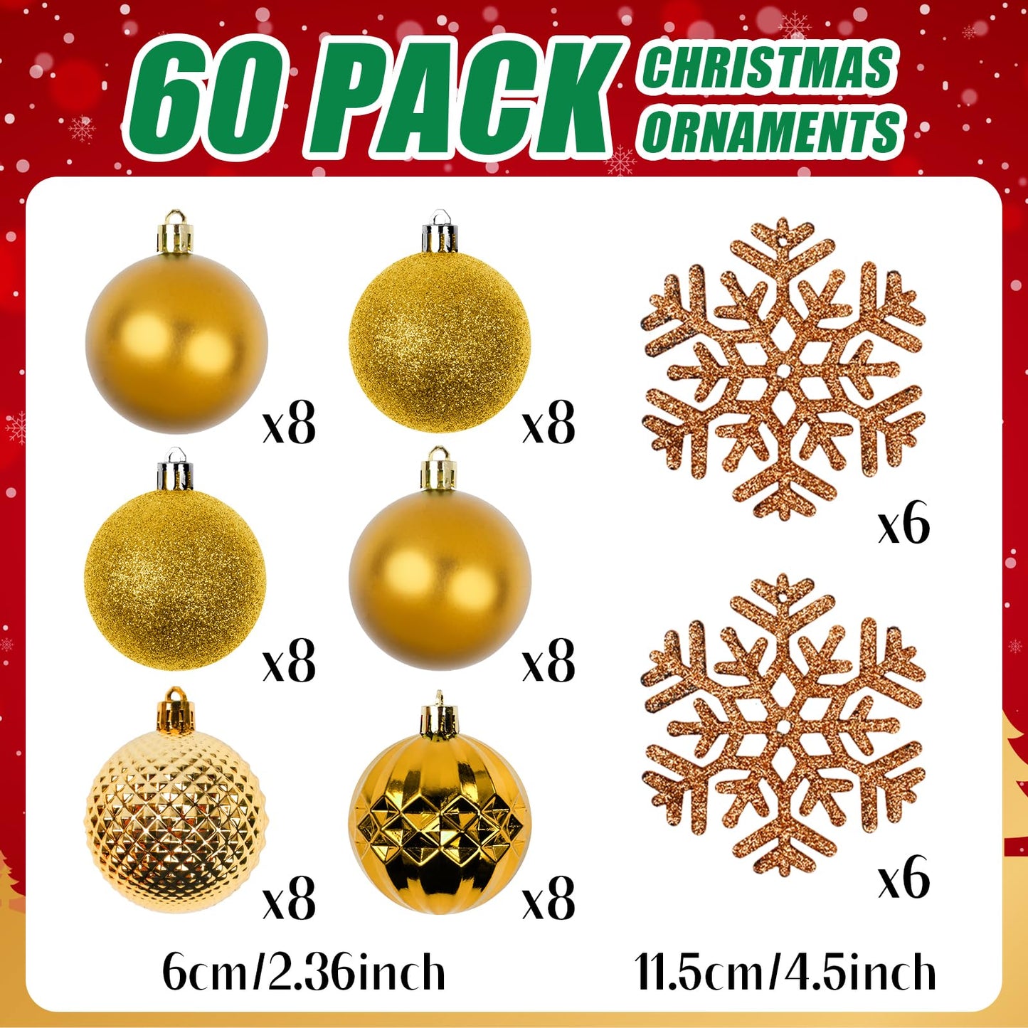 Christmas Tree Decorations Ornament Set, 60ct 2.36 Inches Gold Shatterproof Christmas Ball Ornaments, Hanging Ball for Xmas Holiday Wedding Party Decor
