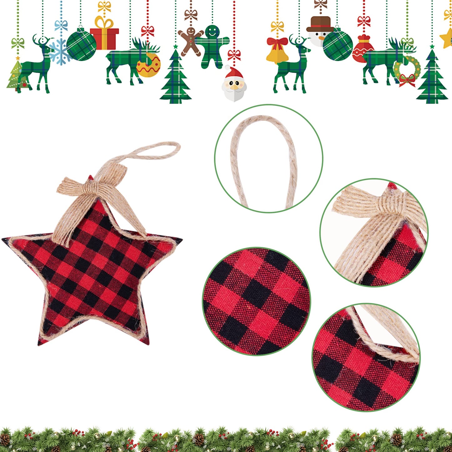 Watayo 12 PCS Christmas Plaid Hanging Ornaments-Black & Red Buffalo Check Plaid Burlap Hanging Ornaments-Tree Ball Bell Stocking Shaped Hanging Decor for Home Xmas Party Decorations Gift