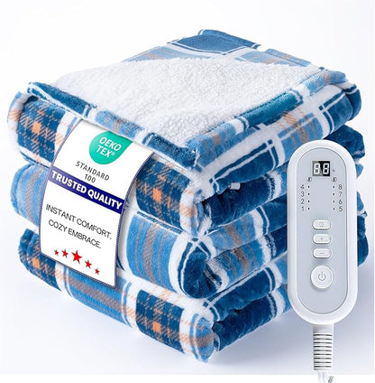 Heated Blanket Electric Throw, Heating Throw with 8 Hours Auto Off & 8 Fast Heating Levels, Blue White Plaid Checkered Sherpa Blanket Warmer for Adults, Washable Blanket Gift for Couch Bed (50x60 In)