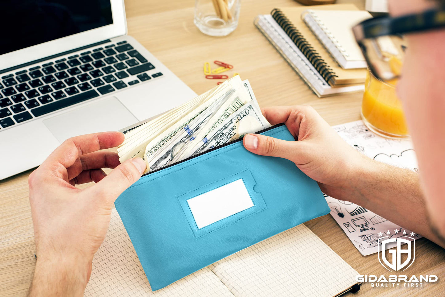 Money Bank Deposit Bag with zipper | 11x6 inch | 7 Days 7 Pieces 7 Colors | Durable Leatherette Money Cash Coin Check Wallet Pouch for Men & Women with Framed ID Window and 7 Blank Card | by GIDABRAND