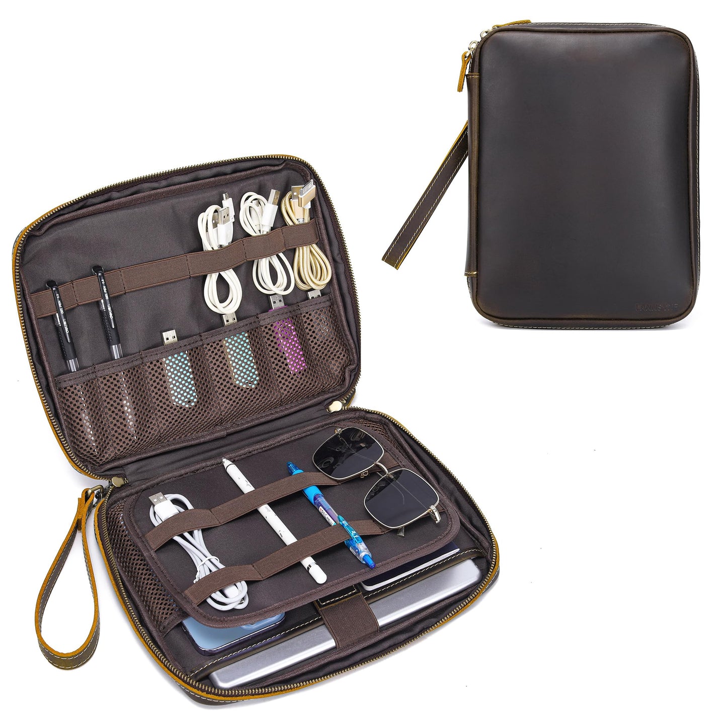 LANNSYNE Full Grain Leather Electronic Organizer Accessory Travel Tech Pouch, Cable Accessories Bag, Storage Carry Case for Charger, Phone, Power Bank, Cables
