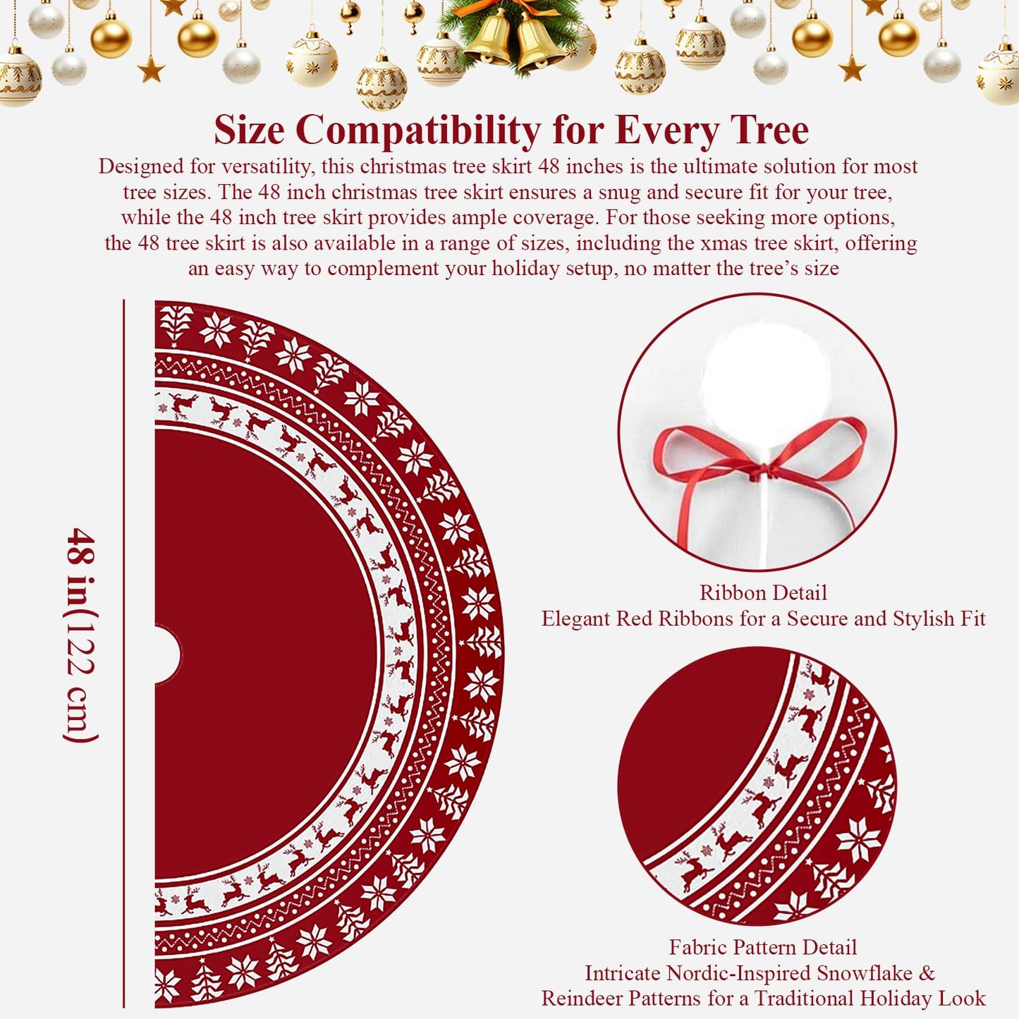 Lizuart Christmas Tree Skirt 48 Inches | Red Xmas Tree Skirt with Rustic Snowflake & Reindeer Pattern, Fits 5 to 7 Foot Trees, Perfect Christmas Decorations for Holiday Trees.