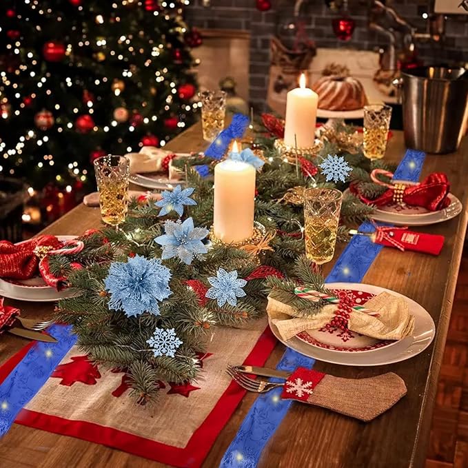 72Pcs Poinsettia Christmas Flowers Decorations with Christmas Ribbon, Blue Christmas Decorations,9 Styles Glitter Artificial Poinsettia Christmas Tree Ornaments for Wreath Garland Holiday Decor(Blue)