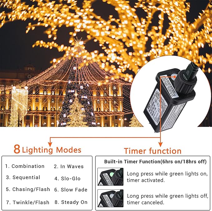 175Ft Christmas Lights Outdoor, 500 LED Christmas String Lights with 8 Modes, Timer, Waterproof Fairy Twinkle Light for Party, Garden, Patio Home Weddings Holiday Xmas Tree Decorations (Warm White)