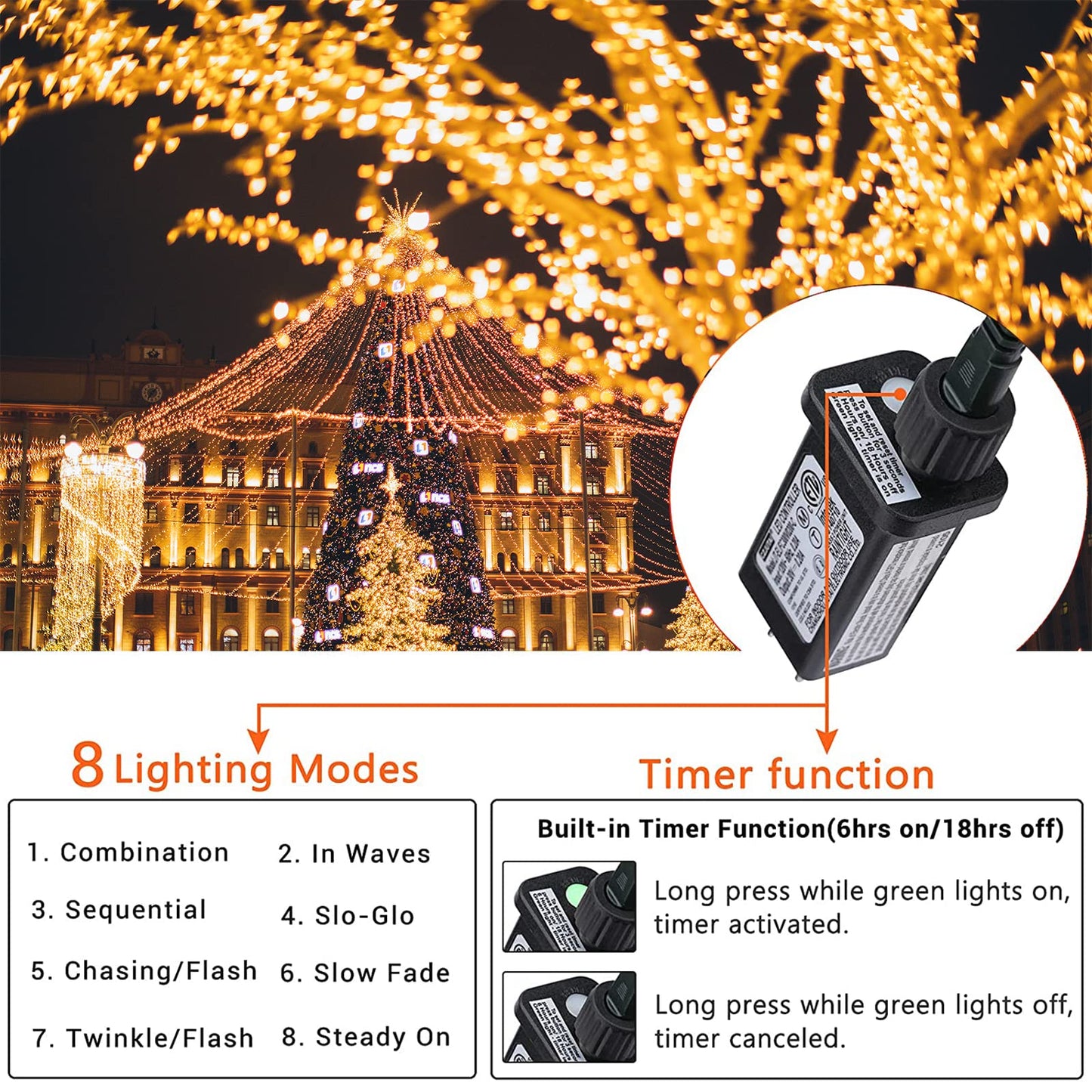 175Ft Christmas Lights Outdoor, 500 LED Christmas String Lights with 8 Modes, Timer, Waterproof Fairy Twinkle Light for Party, Garden, Patio Home Weddings Holiday Xmas Tree Decorations (Warm White)