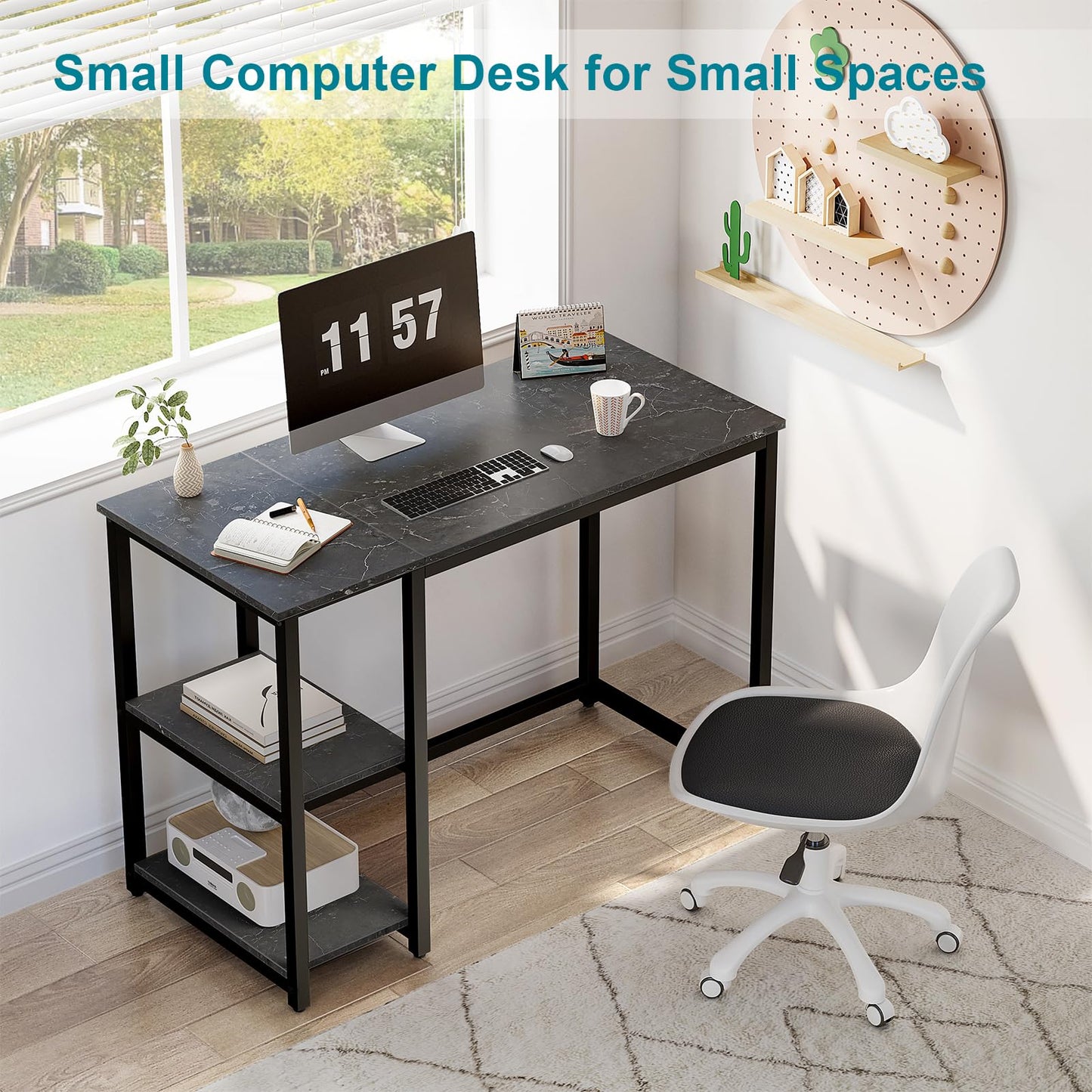SINPAID Computer Desk 40 inches with 2-Tier Shelves Sturdy Home Office Desks with Large Storage Space Modern Gaming Desk Study Writing Laptop Table, Black Marble