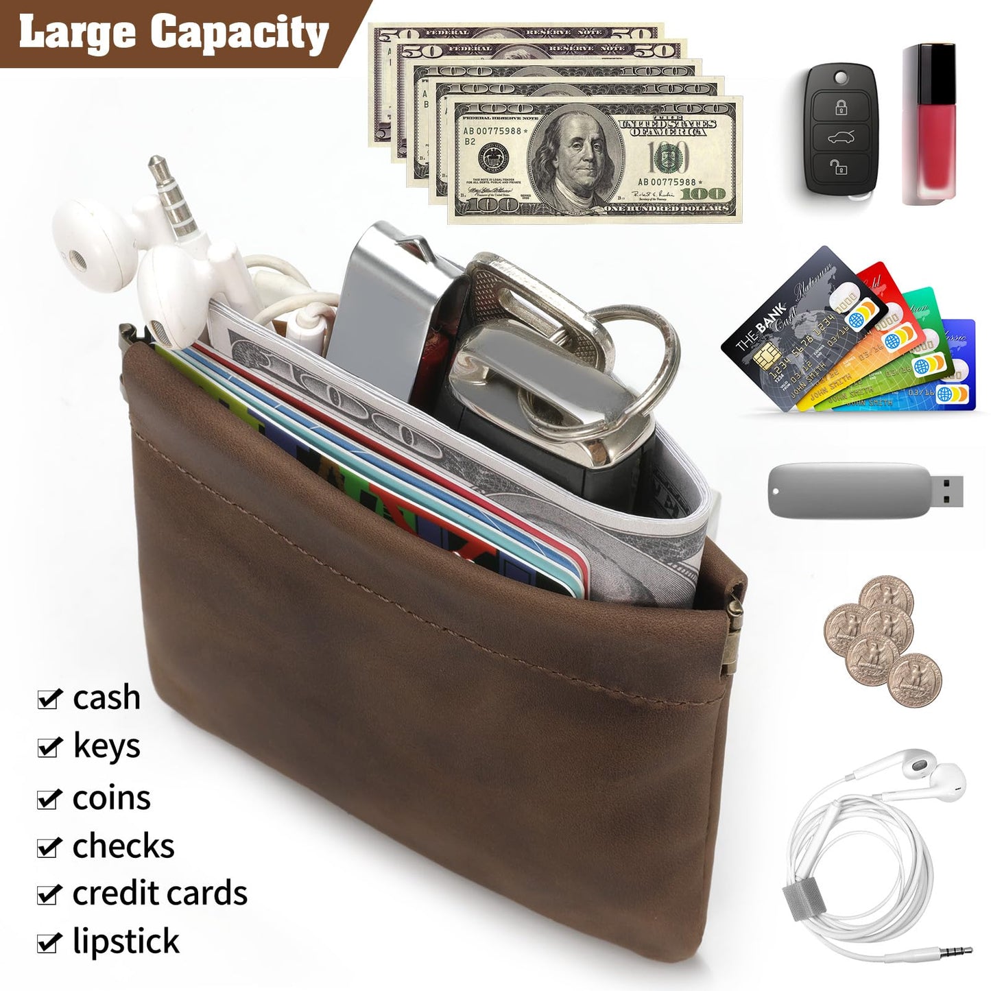 Jack&Chris Mini Coin Purse, Genuine Leather Small Coin Wallet, Leather Squeeze Coin Purse Pouch Change Holder For Men & Women, JC309