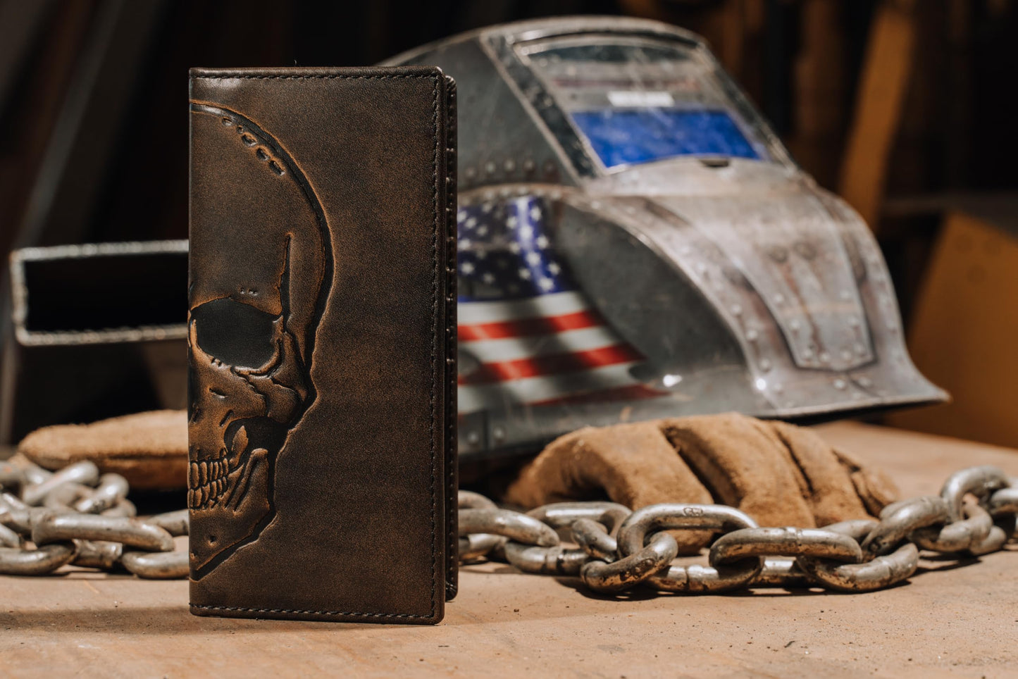 House of Jack Co. Skull Long Bifold Wallet for Men, Full Grain Cowhide Leather Biker Wallet, Rodeo Wallet, Black