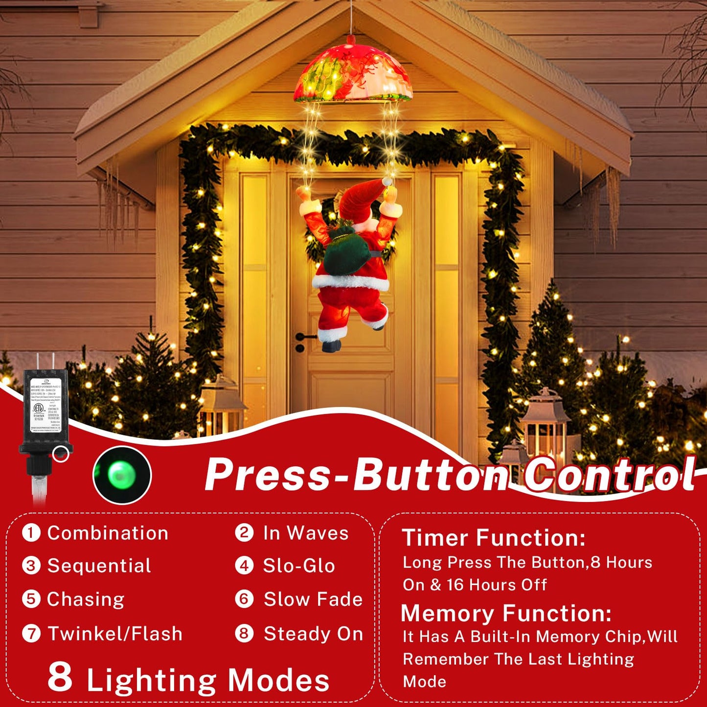 JNOEC Christmas Lights Outdoor Indoor, Santa Claus Parachute LED Lights, 8 Modes & Timer Christmas Decorations Lights Outside Inside for Window, Garden, Home, Porch, Xmas Tree Decor (Warm White)
