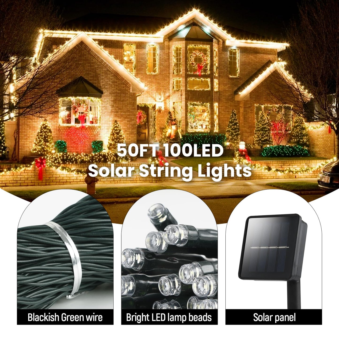 Solar String Lights Outdoor 2 Pack 50FT 100 LED Waterproof Fairy Lights, 8 Modes Solar Powered Twinkle Lights for Garden Patio Backyard Trees Summer Party Wedding Warm White