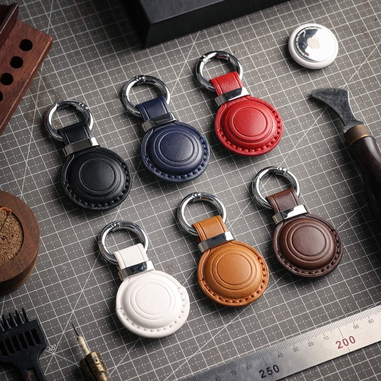 Jayanes Genuine Leather Keychain Holder Compatible with AirTag - Secure Case Cover Key Ring Chain Fob Accessories Intended for Air Tag - Black
