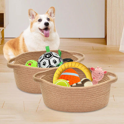 ABenkle Small Basket with Handles, Boho Decorative Rope Woven Dog Cat Toy Storage Bin Shelf Storage Organizer, Easter Christmas Gift Basket, 12"x8"x5"