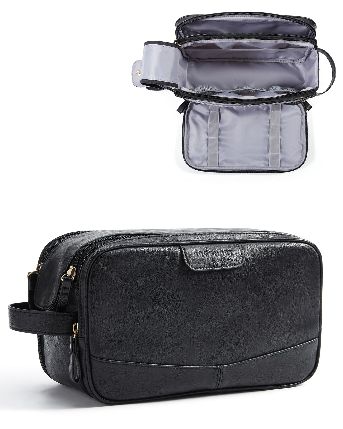 BAGSMART Large Toiletry Bag for Men, High-gloss PU Leather Travel Bag for Toiletries, Dopp Kit Water Resistant Shaving Bag for Bathroom Shower-Black